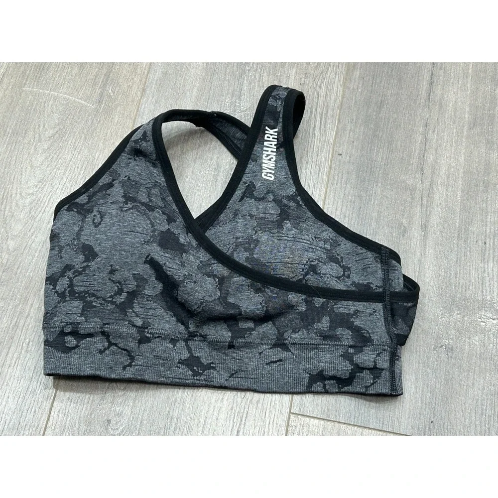 Gymshark Sports Bra Womens S? Black Gray Camo Strappy Back Medium Support‎ Gym